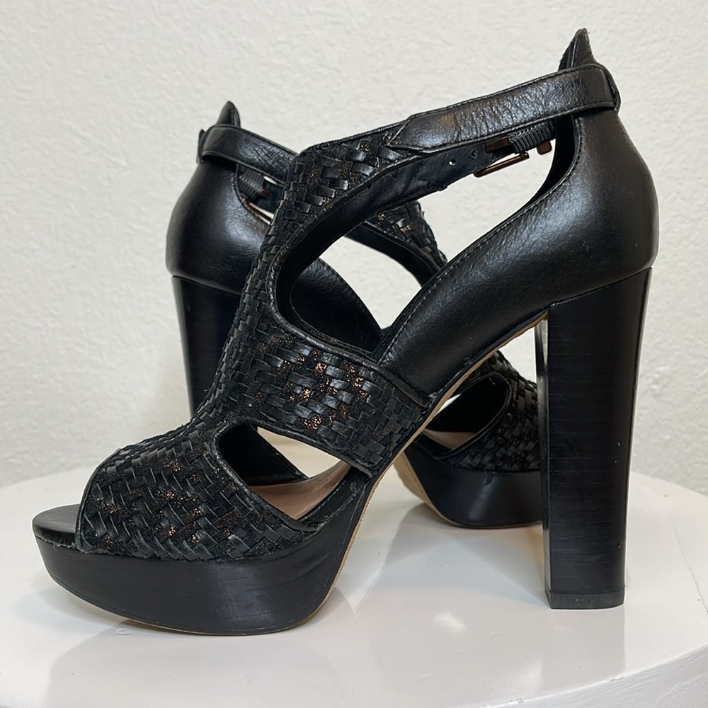 ELLIOTT LUCCA BERNADETTE BLACK WOVEN LEATHER PEEP TOE PLATFORM HEELS **NWOT** - Picture 6 of 16